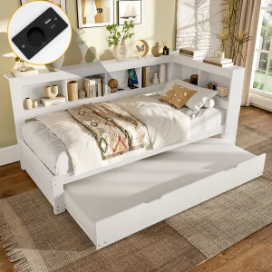 Daybed 90×200 cm, slaapbank met uitschuifbaar bed, met stopcontact en 2 USB-poorten, grenen, wit (219x117x90 cm)