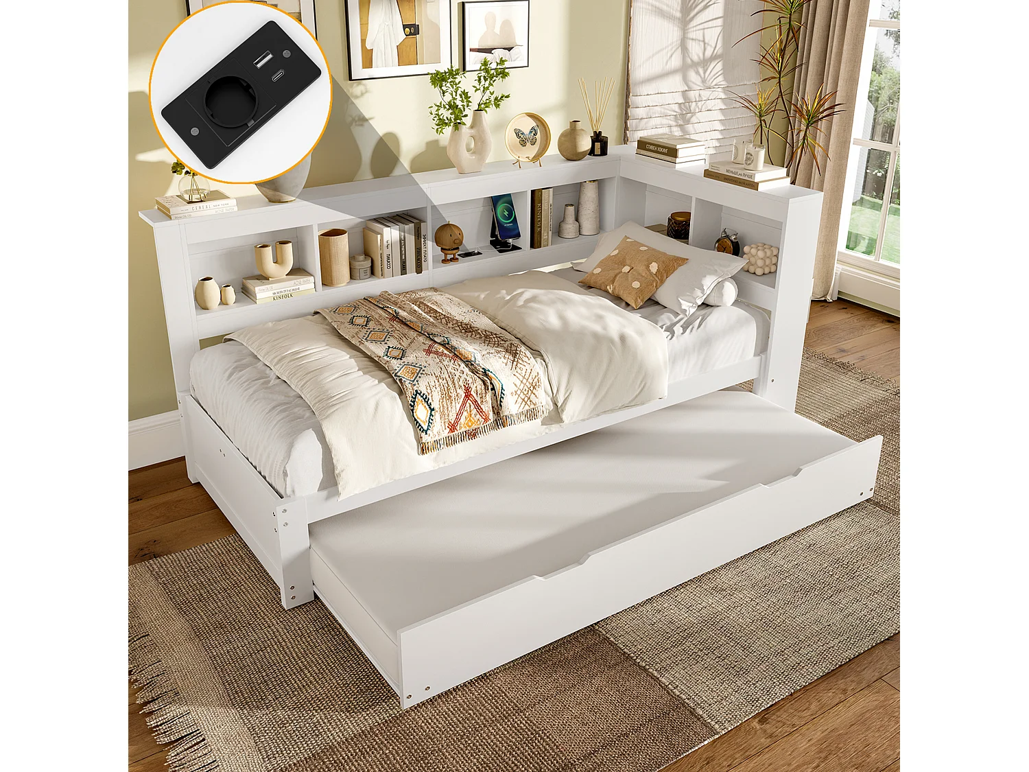 Daybed 90x200 cm, slaapbank met uitschuifbaar bed, met stopcontact en 2 USB-poorten, grenen, wit (219x117x90 cm)