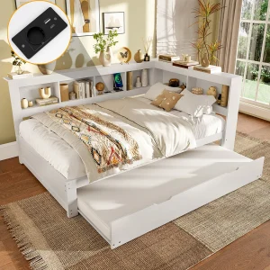 Daybed 140×200 cm, slaapbank met uitschuifbaar bed, met stopcontact en 2 USB-poorten, MDF en grenen frame, wit (219x167x90 cm)