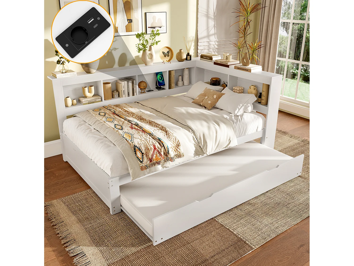 Daybed 140x200 cm, slaapbank met uitschuifbaar bed, met stopcontact en 2 USB-poorten, MDF en grenen frame, wit (219x167x90 cm)