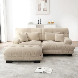 Cloud hoekbank, chenille, tweezits, met 2 rugkussens en 2 sierkussens, brede armleuningen en voetsteun, beige