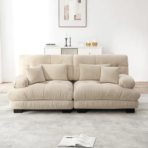 Canapé d'angle Cloud, chenille, avec 2 coussins lombaires et 2 coussins décoratifs, structure en bois massif, beige Canapé d'angle Cloud, chenille, avec 2 coussins lombaires et 2 coussins décoratifs, structure en bois massif, beige