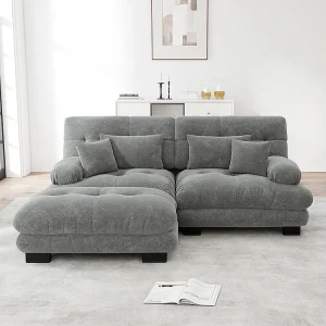 Cloud hoekbank, chenille, tweezits, met 2 rugkussens en 2 sierkussens, brede armleuningen en voetsteun, grijs