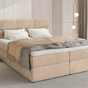 Boxspringbed met hoofdeinde, matras en dekmatras – BOSTON – 140×200 – lichtbeige