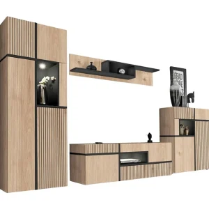 Complete woonkamerset CRISS – Tv-meubel, Hoge buffetkast, Vitrinekast, Wandplank – Licht eiken en zwart met LED Complete woonkamerset CRISS – Tv-meubel, Hoge buffetkast, Vitrinekast, Wandplank – Licht eiken en zwart met LED