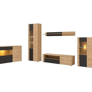 Complete woonkamer DOUM – Lage buffetkast, vitrinekast, TV-meubel, hoge buffetkast en wandplank – Licht eiken en zwart Complete woonkamer DOUM – Lage buffetkast, vitrinekast, TV-meubel, hoge buffetkast en wandplank – Licht eiken en zwart