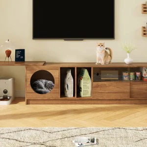 Draaibaar TV-meubel 180(+80)x40x50 cm – rustruimte voor huisdieren – schuifdeuren – open planken – naturel Draaibaar TV-meubel 180(+80)x40x50 cm – rustruimte voor huisdieren – schuifdeuren – open planken – naturel