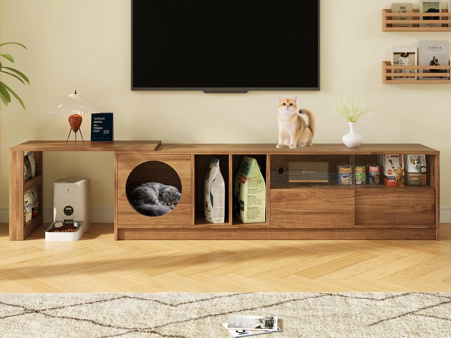 Draaibaar TV-meubel 180(+80)x40x50 cm - rustruimte voor huisdieren - schuifdeuren - open planken - naturel