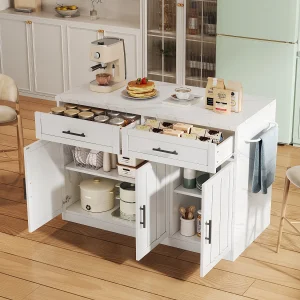 Centraal kookeiland met 3 deuren + 2 laden – 120 x 60 x 91 cm – met stopcontacten + USB – MDF – wit Centraal kookeiland met 3 deuren + 2 laden – 120 x 60 x 91 cm – met stopcontacten + USB – MDF – wit