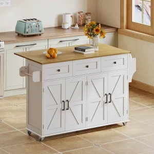 Centraal eiland op wielen met uitklapbaar werkblad + 4 deuren + 3 laden – 140 x 43(70) x 90,5 cm – wit