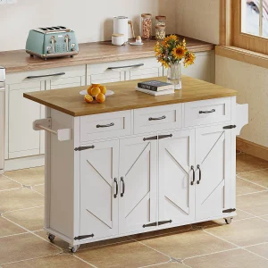 Centraal eiland op wielen met uitklapbaar werkblad + 4 deuren + 3 laden – 140 x 43(70) x 90,5 cm – wit