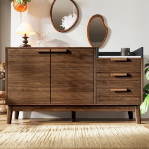 Donkerhouten dressoir met 3 laden en 2 deuren, gedeeltelijk marmeren gefineerd blad 120x40x77cm Donkerhouten dressoir met 3 laden en 2 deuren, gedeeltelijk marmeren gefineerd blad 120x40x77cm