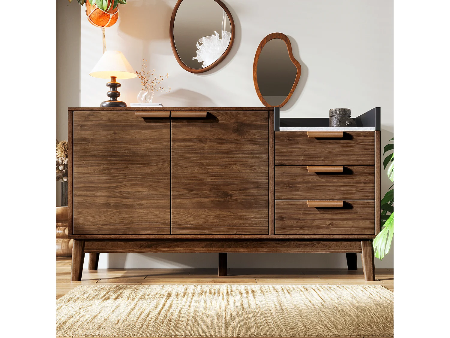 Donkerhouten dressoir met 3 laden en 2 deuren, gedeeltelijk marmeren gefineerd blad 120x40x77cm