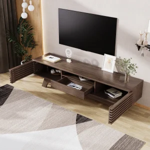 Donker notenhouten tv-meubel met 2 deuren en 1 lade, houten lamellendeurdesign 150x35x44cm