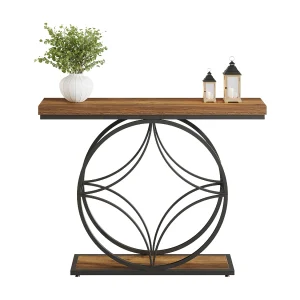 Consoletafel van 120 cm, industriële salontafel met twee lagen en geometrisch metalen frame, smalle accenttafels voor in de hal Consoletafel van 120 cm, industriële salontafel met twee lagen en geometrisch metalen frame, smalle accenttafels voor in de hal