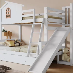 Cabine stapelbed met glijbaan + lades – grenen frame – 90x200cm + 120x200cm – Wit Cabine stapelbed met glijbaan + lades – grenen frame – 90x200cm + 120x200cm – Wit