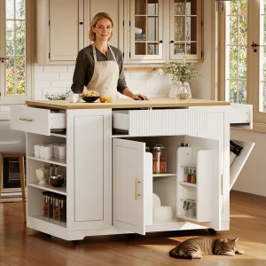 Centraal eiland op wielen – 120 x 50 x 92 cm – met opbergvak + 2 deuren en 3 laden – MDF + Metaal – wit
