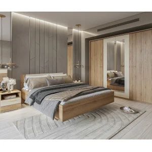 Complete kamer VERTIGO – Bed met opbergruimte 180×200, 2 nachtkastjes, kledingkast met 4 deuren + design frame
