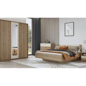 Complete kamer VERTIGO – Bed 160×200 met lattenbodem, 2 nachtkastjes, 3-deurs kledingkast, ladekast + design ombouw