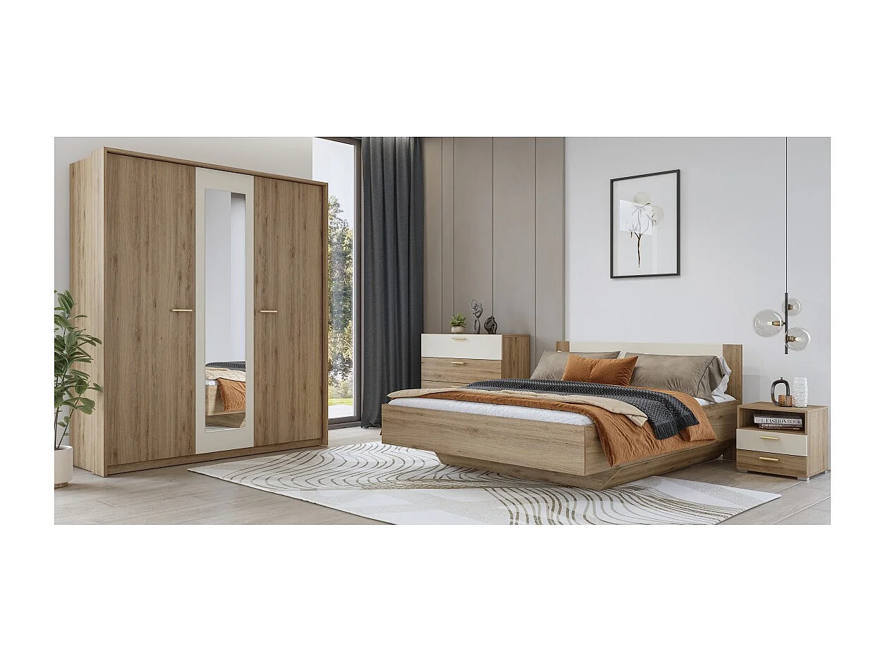 Complete kamer VERTIGO - Bed 180x200 met lattenbodem, 2 nachtkastjes, 3-deurs kast, dressoir + design frame
