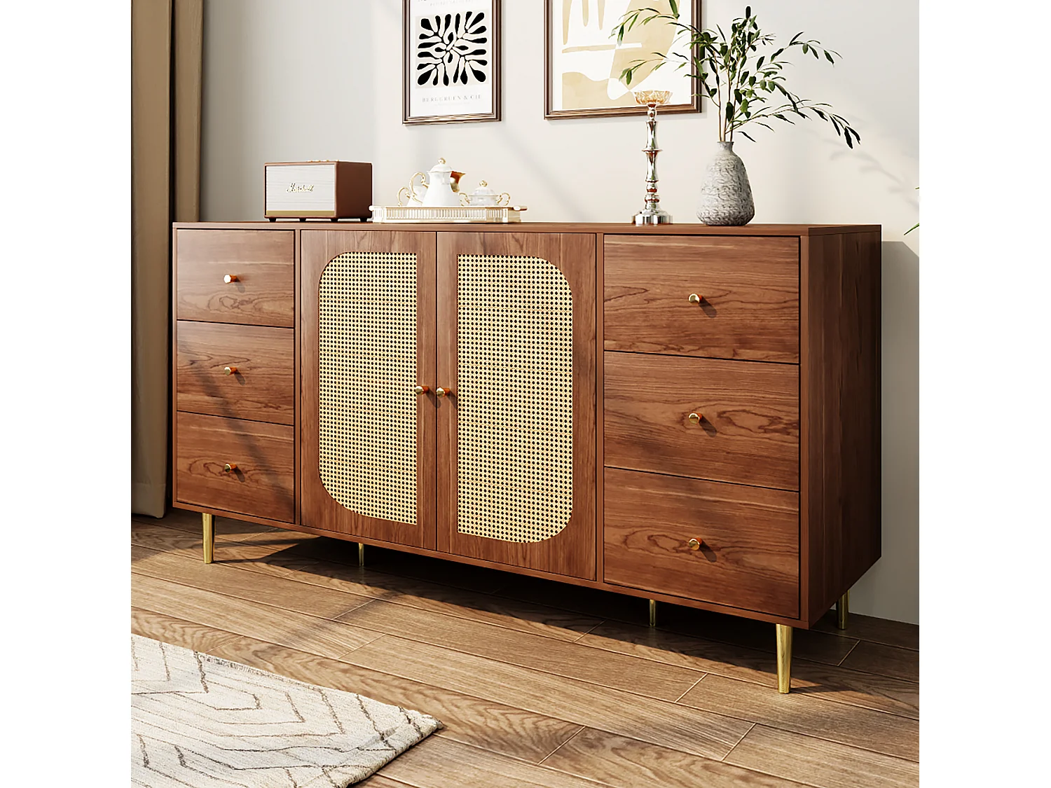 Bruin dressoir - Dressoir met 6 lades en 2 deuren - handgemaakt rotan design