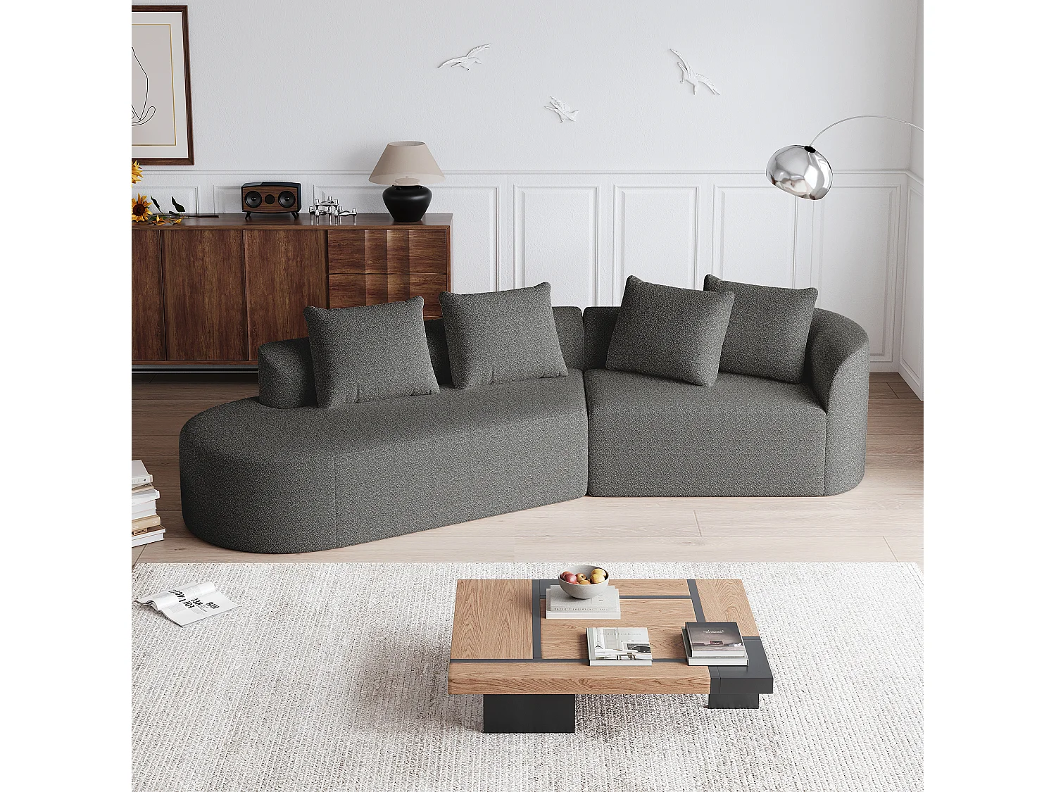 Donkergrijze hoekbank - 4-zitsbank met 4 decoratieve kussens en rugleuning - Chenille