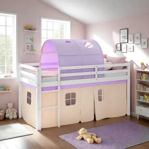 Cabinebed 90×200 cm Paars Perzik Hoogslaper Stapelbed Kinderbed Grenen Hout Tunnel Gordijn Hoogslaper Lattenbodem