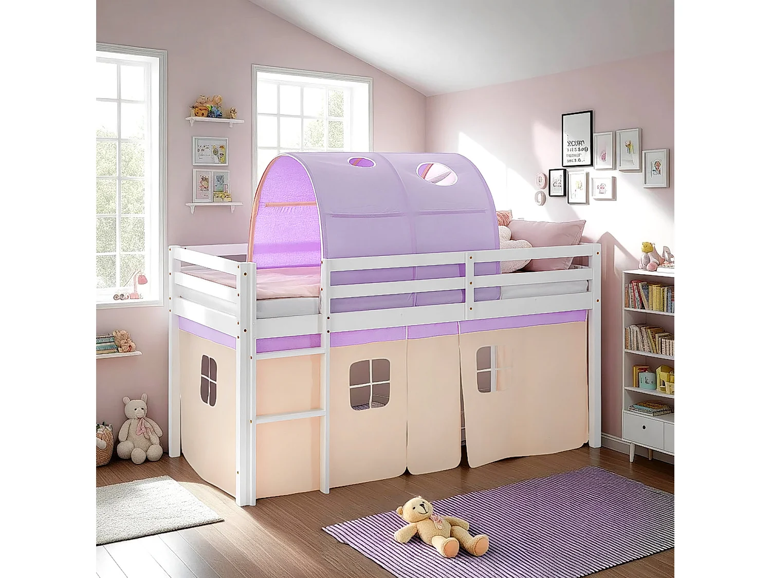 Cabinebed 90x200 cm Paars Perzik Hoogslaper Stapelbed Kinderbed Grenen Hout Tunnel Gordijn Hoogslaper Lattenbodem