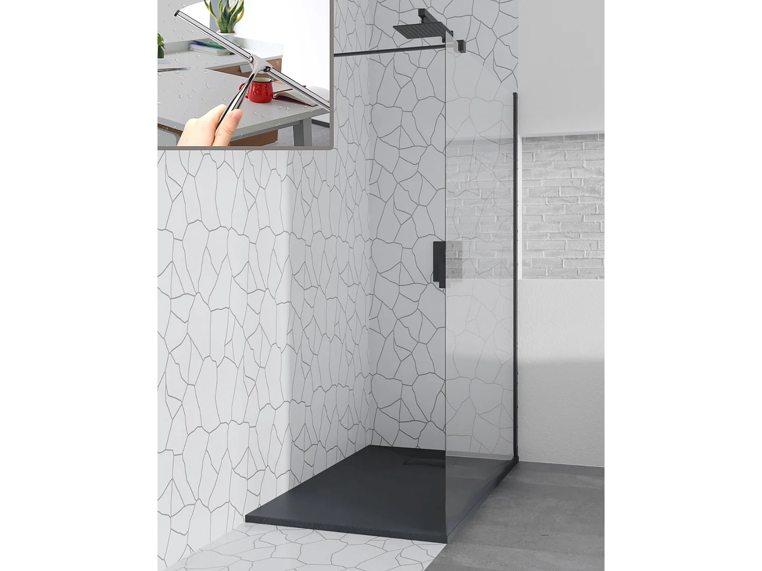 Douchebak VIDAR 90x90 vierkant zwart + Inloopdouchewand KETIL zwart 90x195 glas transparant + douchewisser