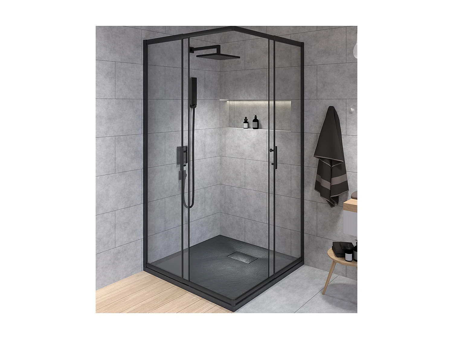 Douchebak VIDAR 80x80 cm zwart + douchecabine vierkante HELA zwart 80x80 190 cm nano-glas transparant gehard