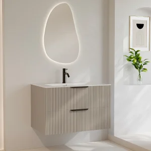 Zwevend wastafelmeubel met streeppatroon – Beige tint – 80 cm – DALIKO Zwevend wastafelmeubel met streeppatroon – Beige tint – 80 cm – DALIKO