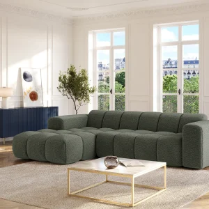 Groene chenille stoffen hoekbank links CALESO van Maison Céphy Groene chenille stoffen hoekbank links CALESO van Maison Céphy
