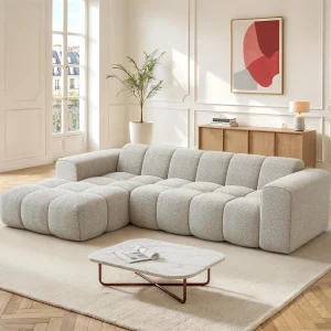Beige linkerhoekbank in chenille stof CALESO van Maison Céphy Beige linkerhoekbank in chenille stof CALESO van Maison Céphy