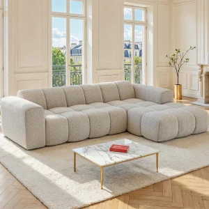 Beige chenille stoffen hoekbank (rechts) CALESO van Maison Céphy Beige chenille stoffen hoekbank (rechts) CALESO van Maison Céphy