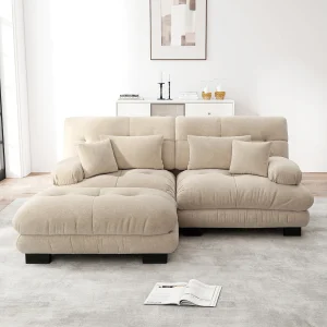 Cloud 2-zits hoekbank met decoratieve en lendenkussens, massief houten frame, licht koffiekleurig chenille (220x145x81 cm)