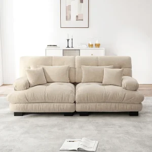 Cloud 3-zits hoekbank met decoratieve en lendenkussens, massief houten frame, licht koffiekleurig chenille (220x77x81 cm) Cloud 3-zits hoekbank met decoratieve en lendenkussens, massief houten frame, licht koffiekleurig chenille (220x77x81 cm)