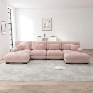 Cloud U-vormige modulaire hoekbank, comfortabele 4-zitsbank met uitneembare voetenbank, roze chenille (406x77x81 cm) Cloud U-vormige modulaire hoekbank, comfortabele 4-zitsbank met uitneembare voetenbank, roze chenille (406x77x81 cm)