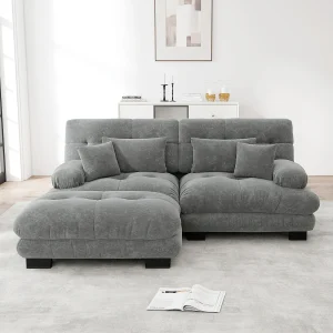Cloud Hoekbank, 2-zitsbank met 2 lendenkussens, 2 sierkussens, brede armleuningen en voetenbank, grijs chenille (220x145x81 cm) Cloud Hoekbank, 2-zitsbank met 2 lendenkussens, 2 sierkussens, brede armleuningen en voetenbank, grijs chenille (220x145x81 cm)