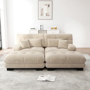 Cloud 2-zits hoekbank, met lendensteun en sierkussens, massief houten frame, licht koffie chenille (220x145x81 cm)