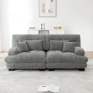 Cloud hoekbank, 2-zits chenille bank met 2 lendenkussens en 2 sierkussens, massief houten frame (220x77x81 cm) Cloud hoekbank, 2-zits chenille bank met 2 lendenkussens en 2 sierkussens, massief houten frame (220x77x81 cm)