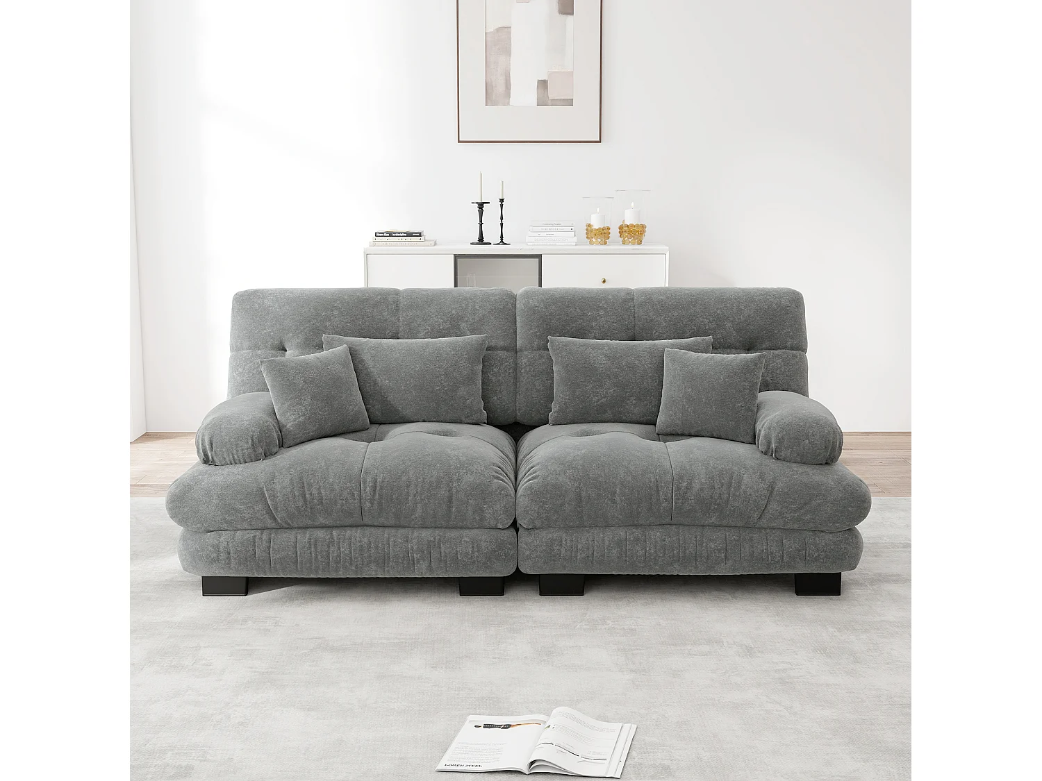 Cloud hoekbank, 2-zits chenille bank met 2 lendenkussens en 2 sierkussens, massief houten frame (220x77x81 cm)