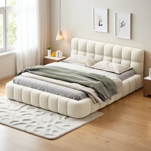 Bubbelbed 140 x 200 cm met lattenbodem en rugleuning, gestoffeerd tweepersoonsbed, linnen, beige