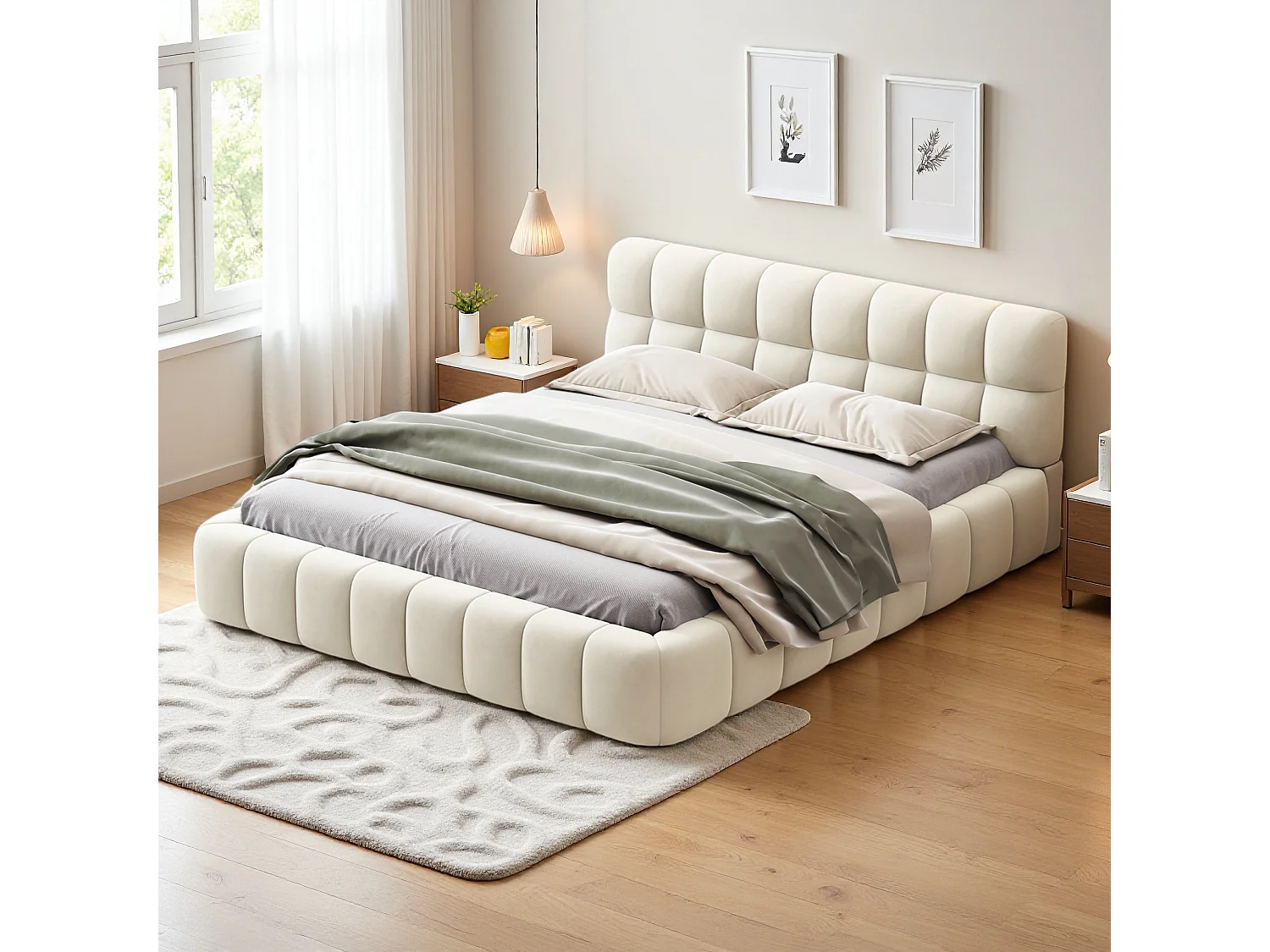 Bubbelbed 140 x 200 cm met lattenbodem en rugleuning, gestoffeerd tweepersoonsbed, linnen, beige