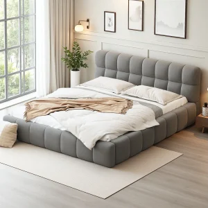 Bubbelbed 140 x 200 cm met lattenbodem en rugleuning, gestoffeerd tweepersoonsbed, linnen, grijs