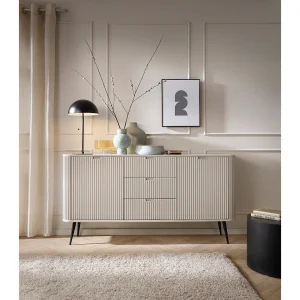 Buffetkast 2 deuren, 3 laden met zwarte metalen bladen, 168×87 cm Buffetkast 2 deuren, 3 laden met zwarte metalen bladen, 168×87 cm