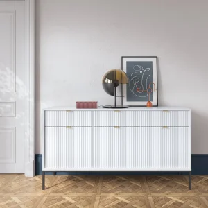 Buffetkast 3 deuren, 3 laden met zwarte metalen bladen, 154×83 cm Buffetkast 3 deuren, 3 laden met zwarte metalen bladen, 154×83 cm
