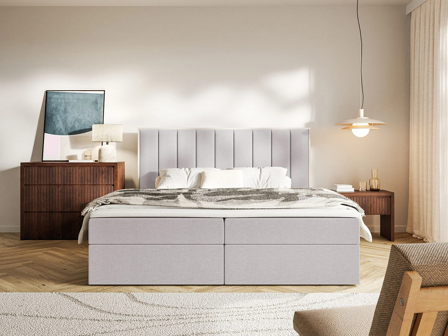 Boxspringbed 140x200 – opbergruimte en topper – hydrofobe chenille – grijs – TOGENTS