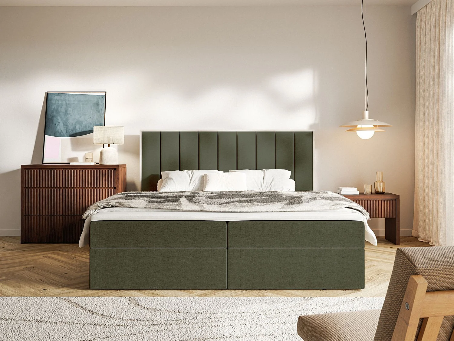 Boxspringbed 140x200 – opbergruimte en topper – hydrofobe chenille – donkergroen – TOGENTS