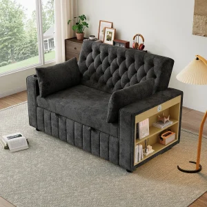 Converteerbare bank met bekerhouders en opbergplanken, USB-poorten – donkergrijs chenille Converteerbare bank met bekerhouders en opbergplanken, USB-poorten – donkergrijs chenille