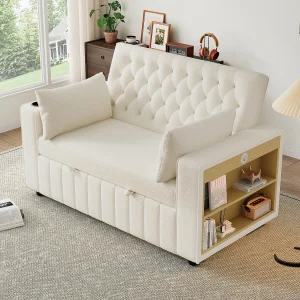 Converteerbare bank met bekerhouders en opbergplanken, USB-poorten – beige chenille Converteerbare bank met bekerhouders en opbergplanken, USB-poorten – beige chenille